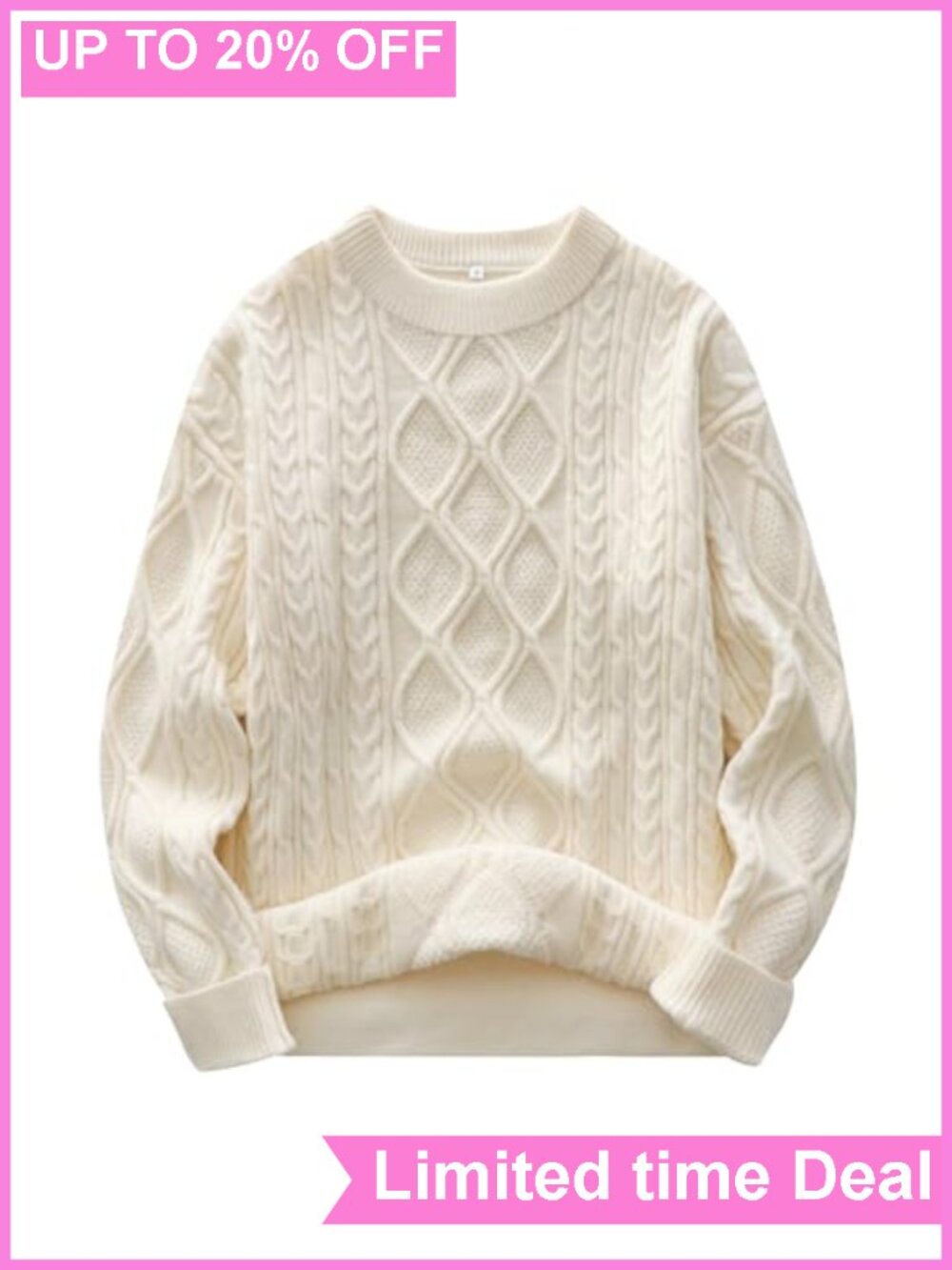 Oversized Cable Knit Fuzzy Cotton Blend Pullover Sweater Crew Neck Thick
